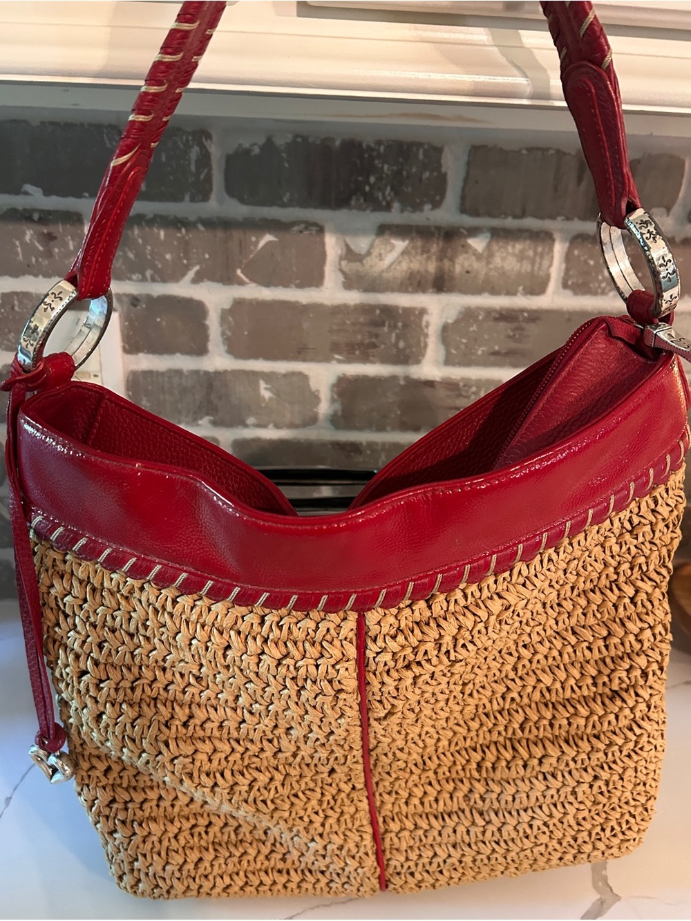 Vintage - Brighton Red-Trim Leather Woven Shoulder Bag - Picture 7 of 16